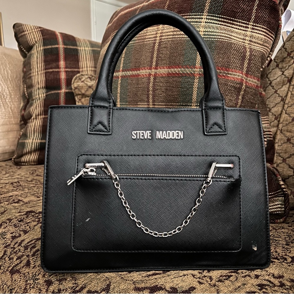 Steve Madden | Black Structured Satchel with Chain Detail